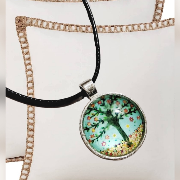 🌲10/$20. Tree Half Dome Glass Pendant with Black Cord Necklace - Picture 3 of 3